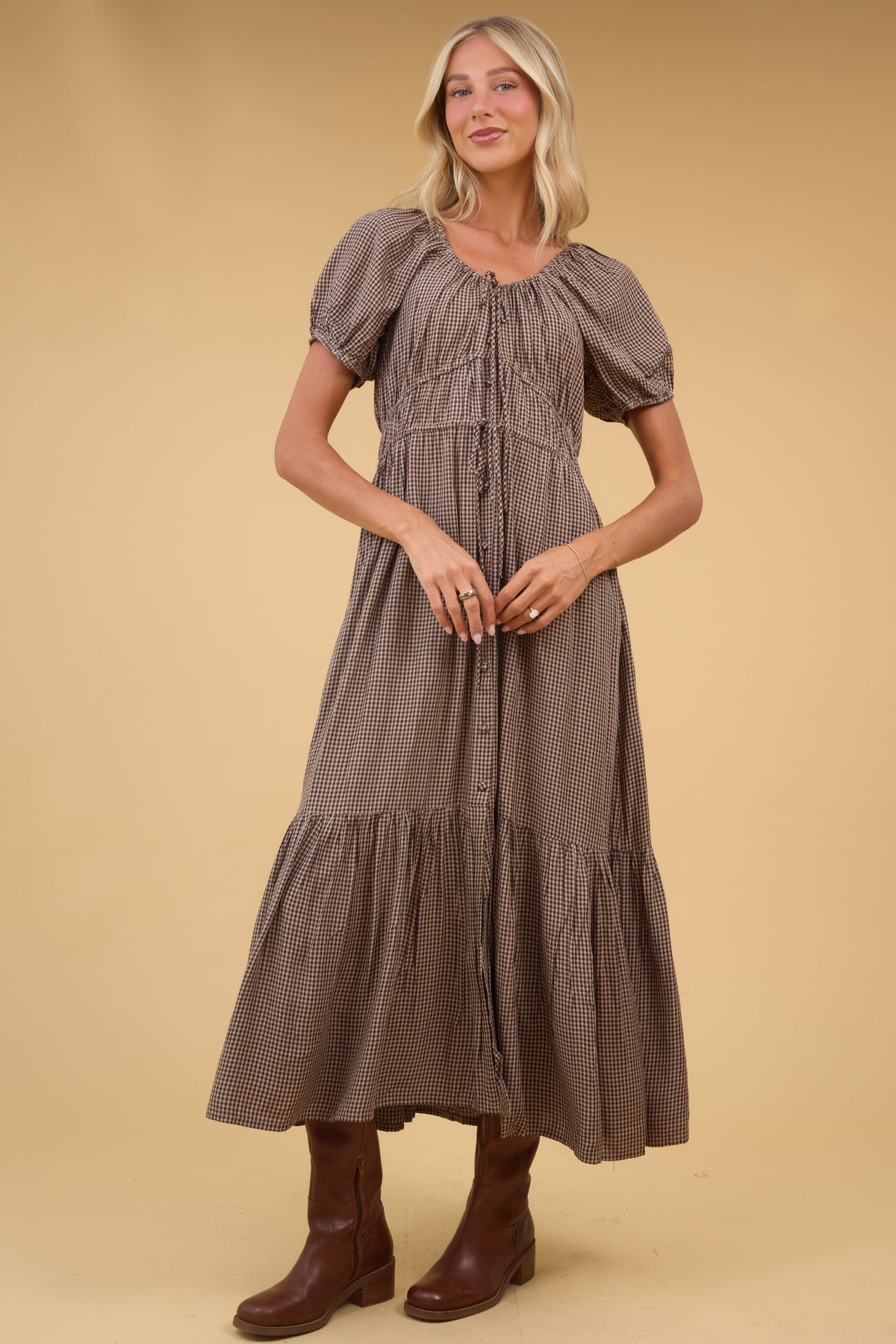 Citrus Erika Dress in brown & white gingham for women and teen girls.