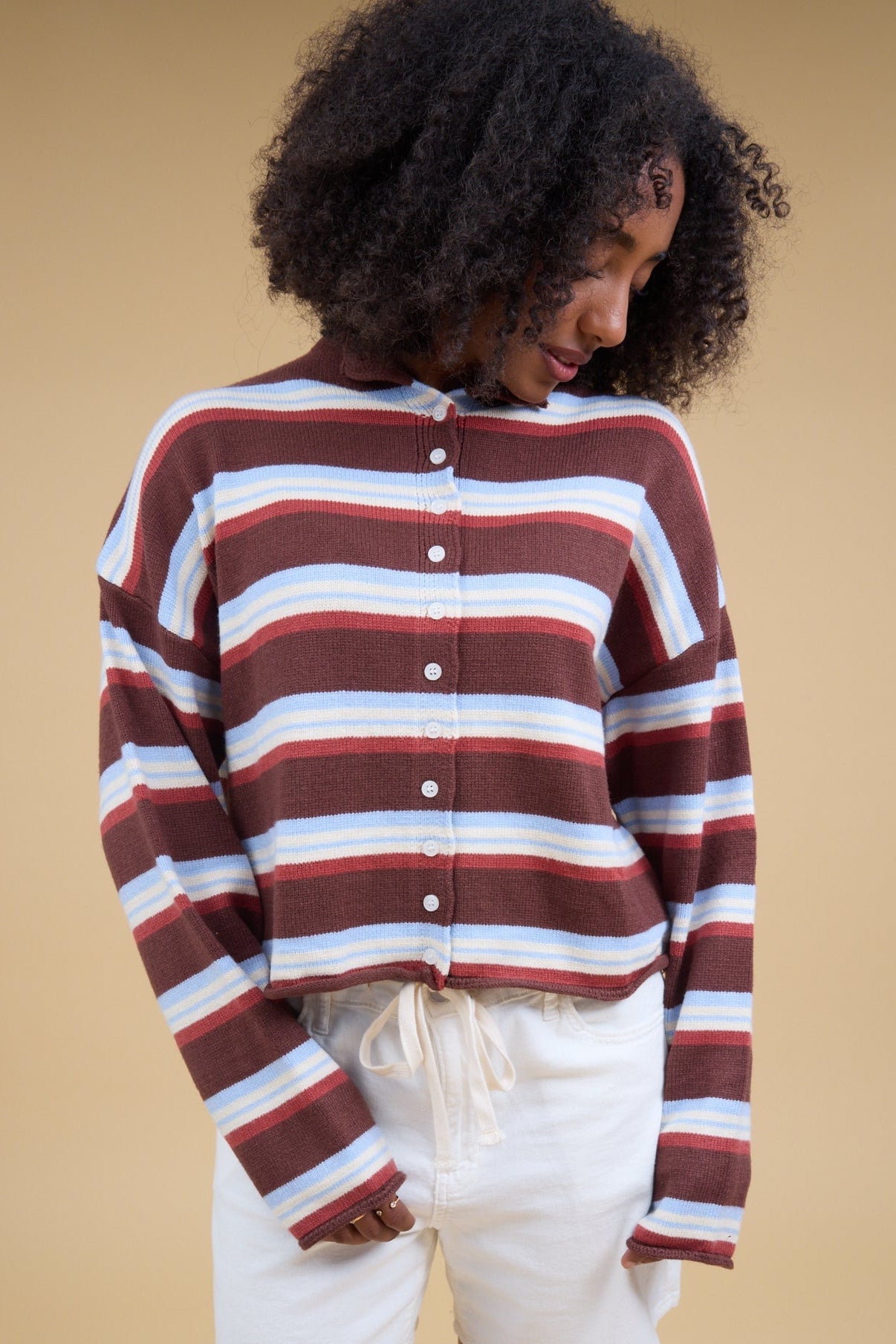 The Zella Striped Cardigan in brown & multi color stripe for women and teenage girls.