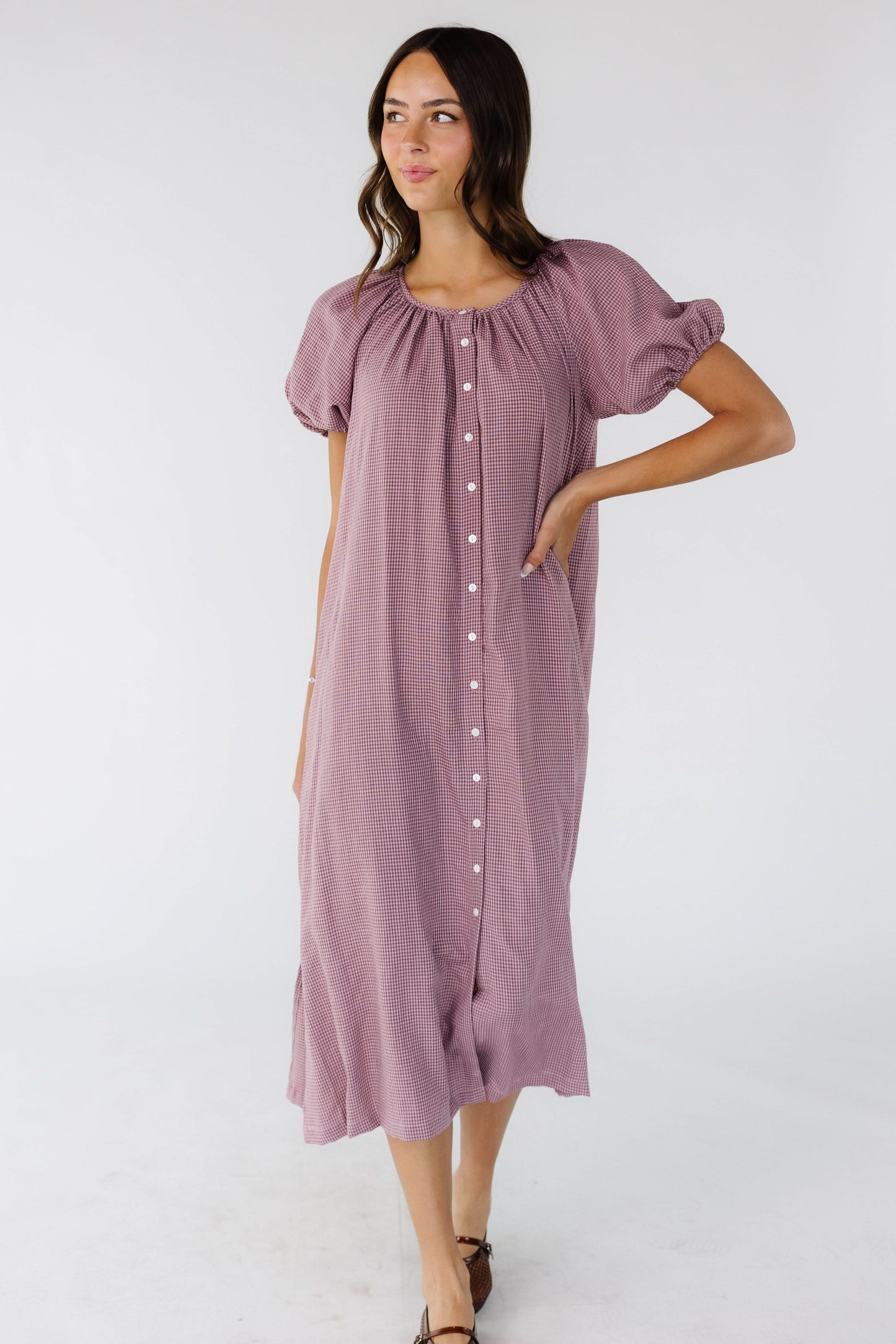 Brass & Roe Daybreak Button Down Dress in burgundy & pink gingham for women and teen girls.