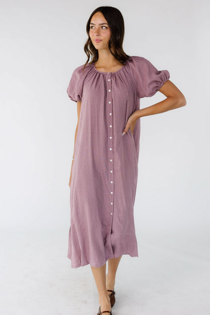 Brass & Roe Daybreak Button Down Dress in burgundy & pink gingham for women and teen girls.