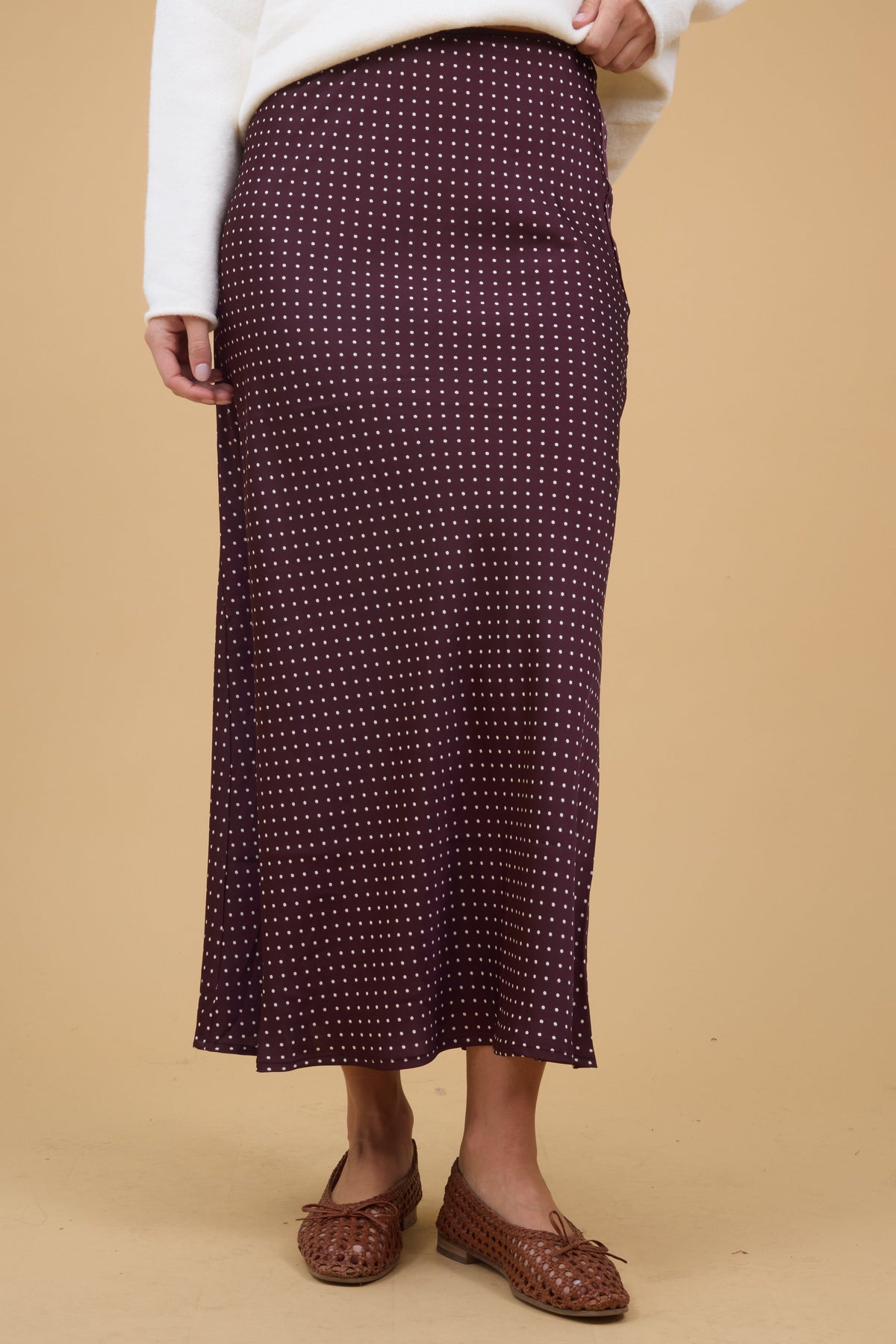 Satin Fitted Skirt in brown polka dot for women and teen girls.
