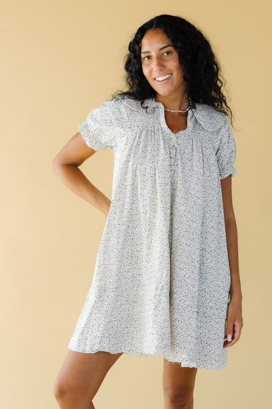 Brass & Roe Collared Knee Dress in grey and blue floral print for women and teen girls.