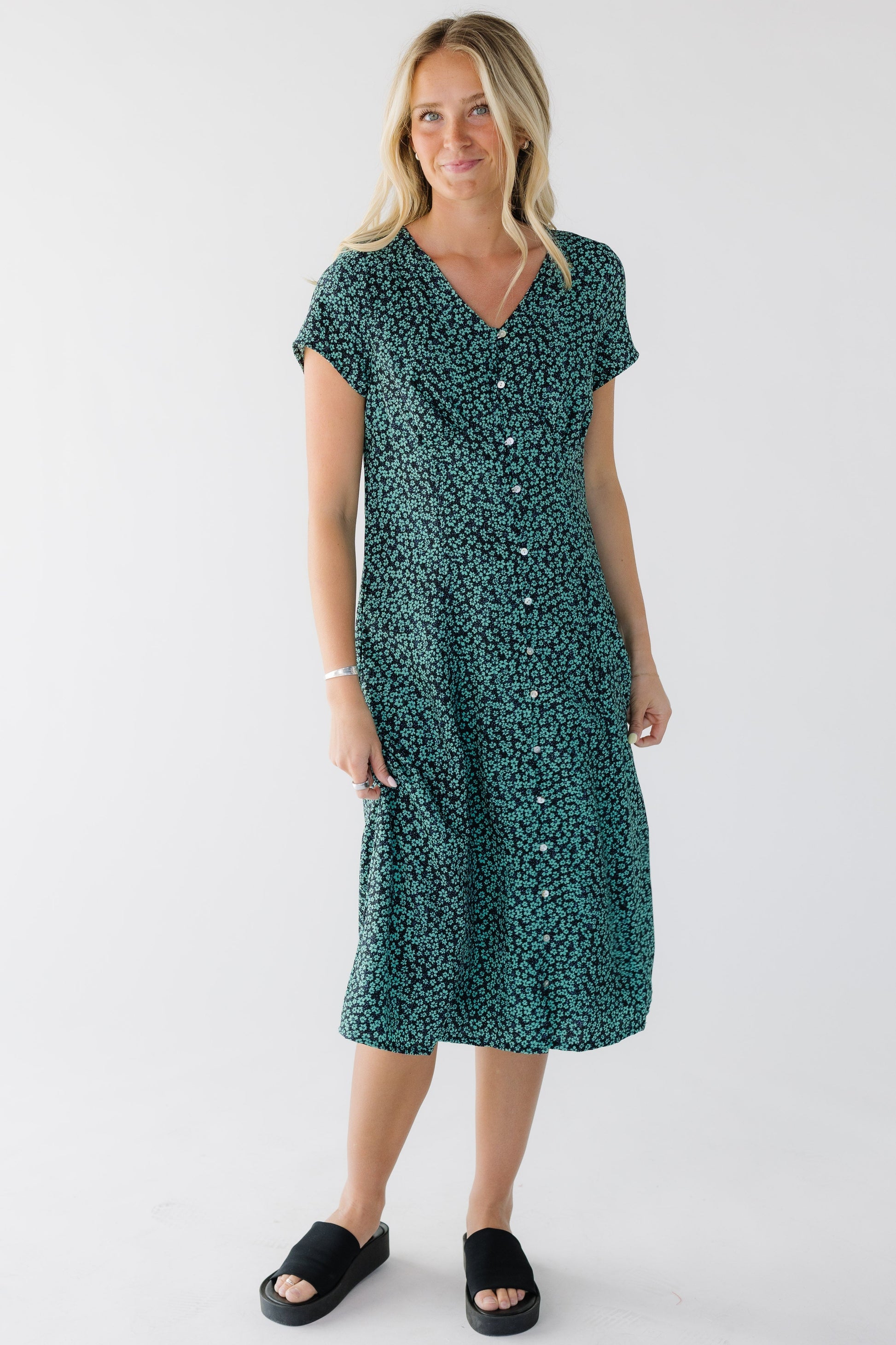 Brass & Roe Haddie Floral Dress in green floral print for women and teenage girls.