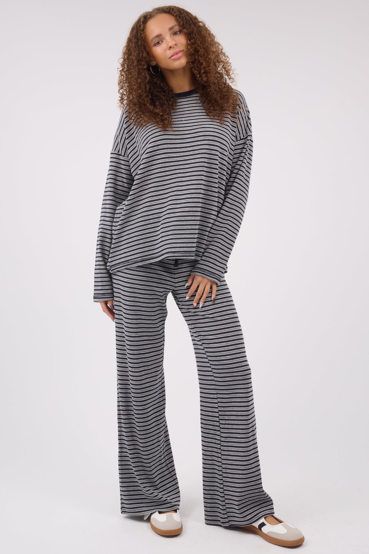 Stripe High Waist Pant  in navy & grey stripe for women and teen girls.