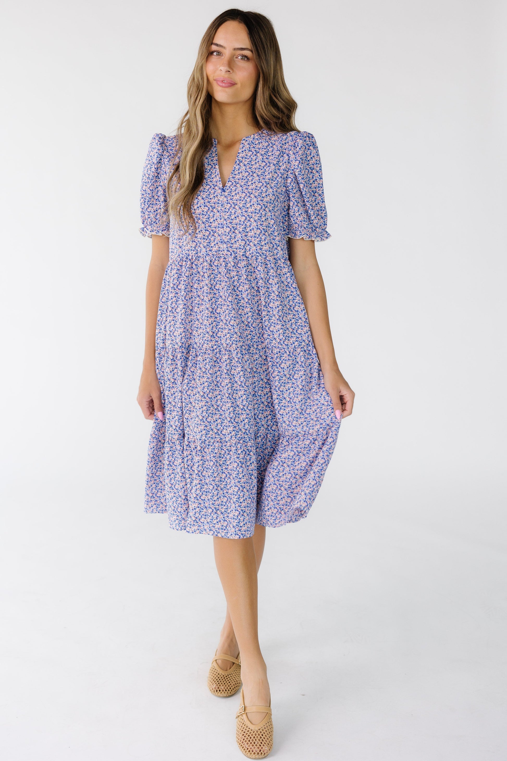 Brass & Roe The Carol Dress in a purple floral print for woman and teens.