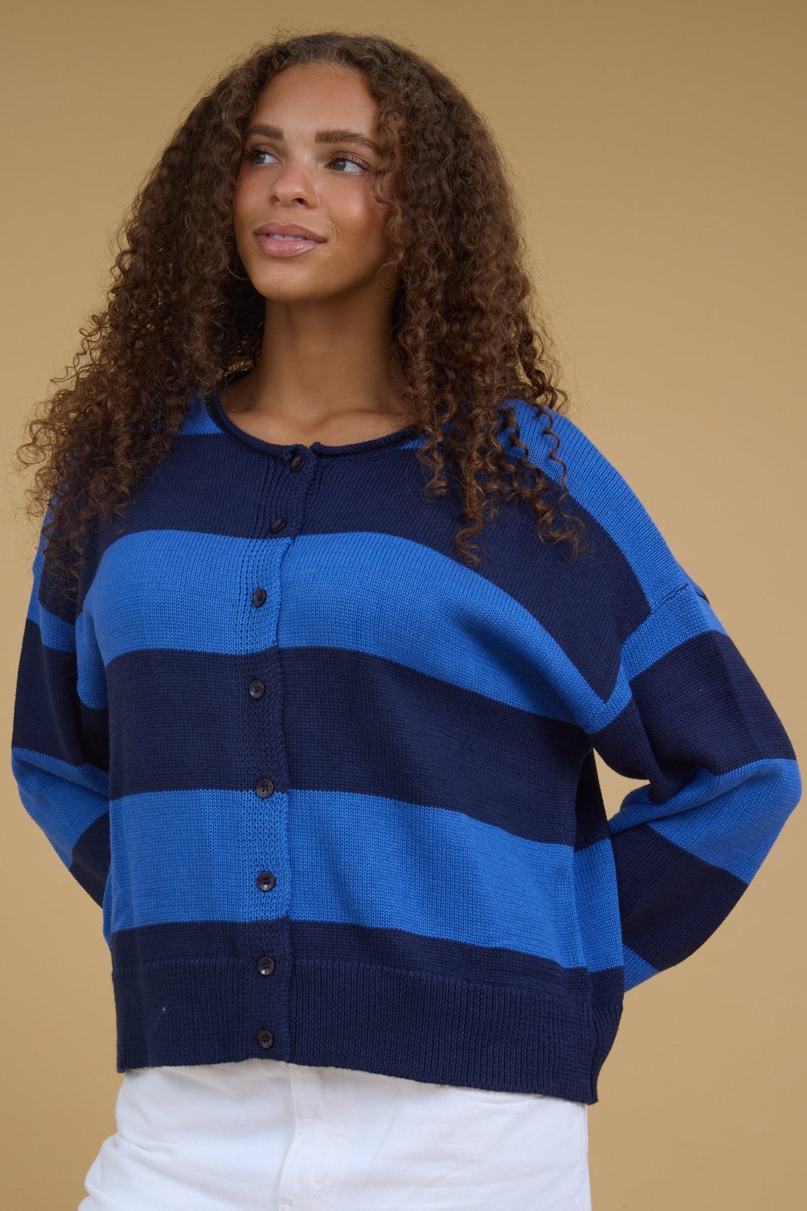Vancouver Roll Neck Cardigan in navy & blue wide stripe for women & teen girls.
