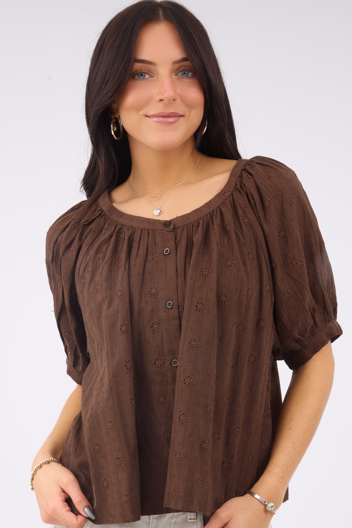 Citrus Eyelet Top in brown eyelet for women and teen girls.