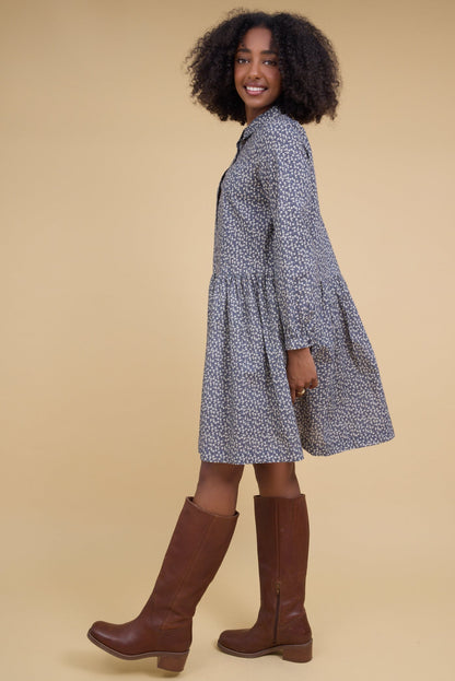 Brass & Roe Autumn Short Dress in charcoal floral print for women and teenage girls.