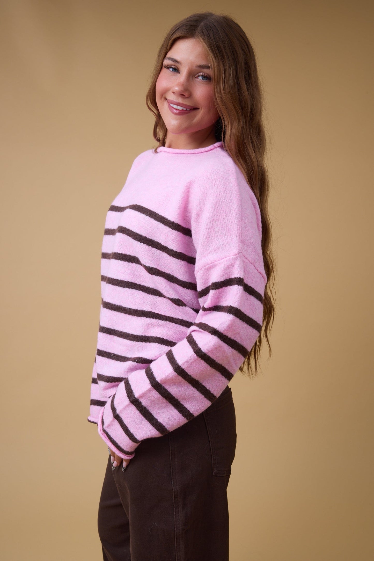 Zoey Striped Pullover Sweater WOMEN'S SWEATERS Things Between Pink/Brown S 