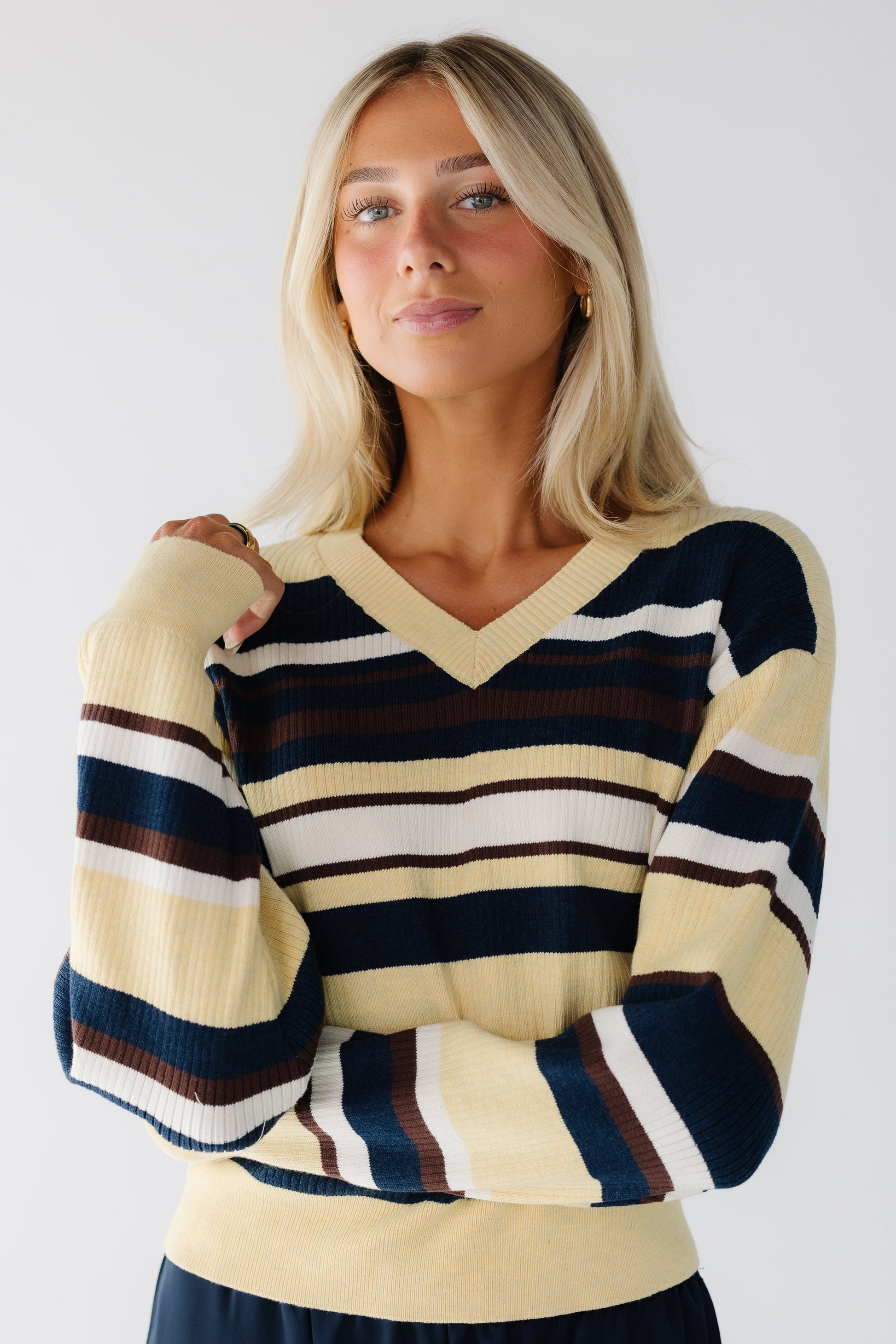 Emery Sweater in yellow and navy multi-color stripe for women and teenage girls.