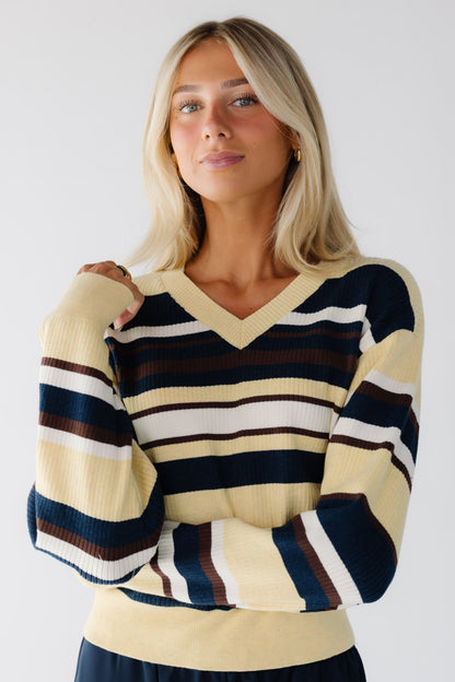 Emery Sweater in yellow and navy multi-color stripe for women and teenage girls.