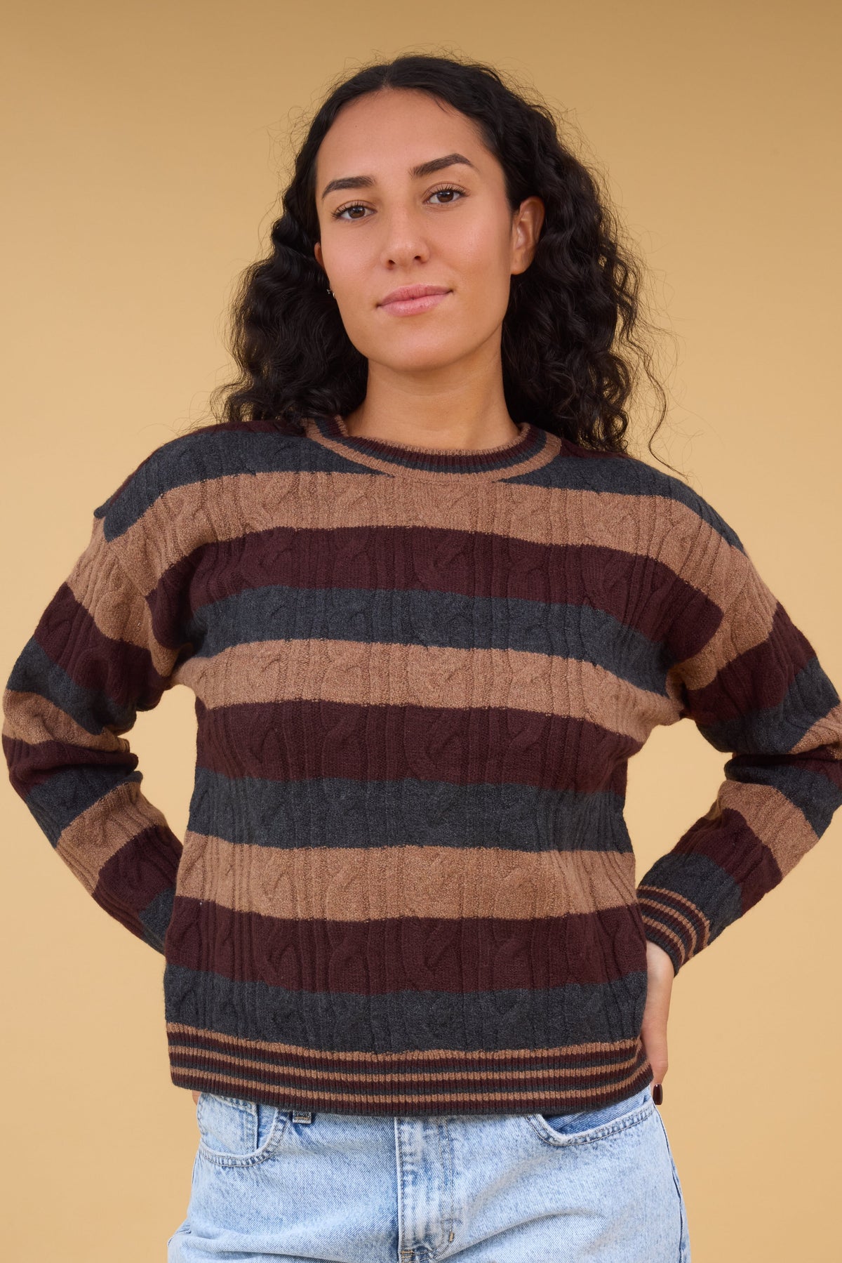 Carlisle Sweater in brown, charcoal & beige stripe for women and teen girls.