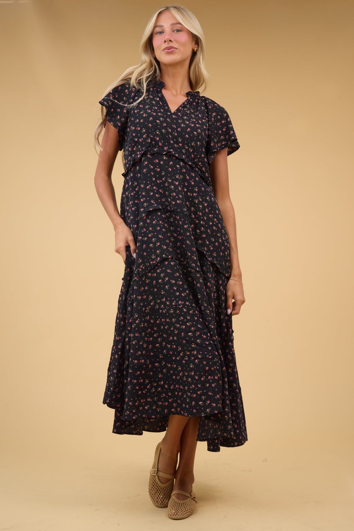 Brass & Roe Kesley Tiered Maxi Dress in black floral print for women and teen girls.