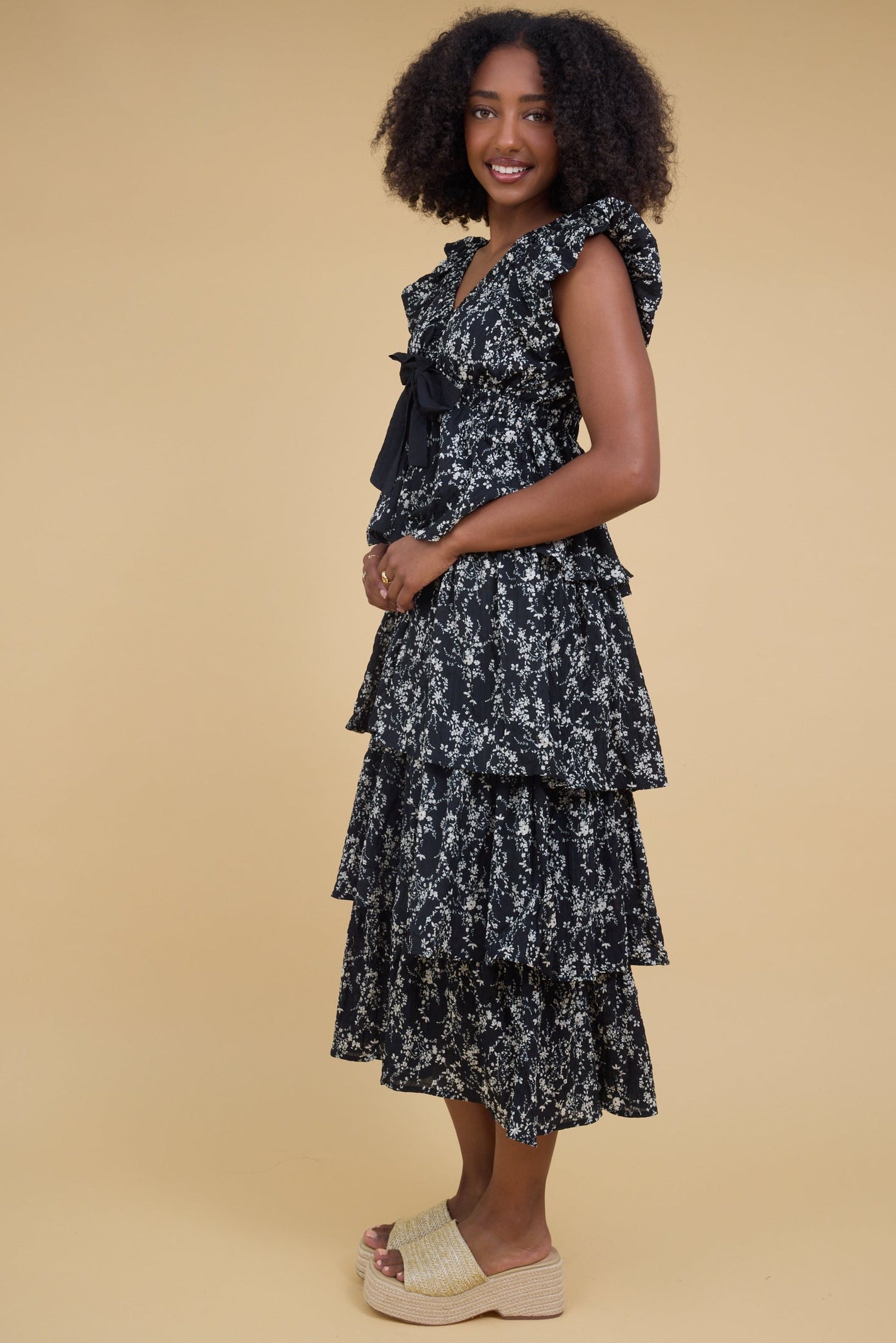 Brass & Roe Lucy Tiered Dress in black floral print for women and teen girls.