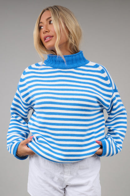 Sundown Sweater  in blue & white stripe for women and teen girls.