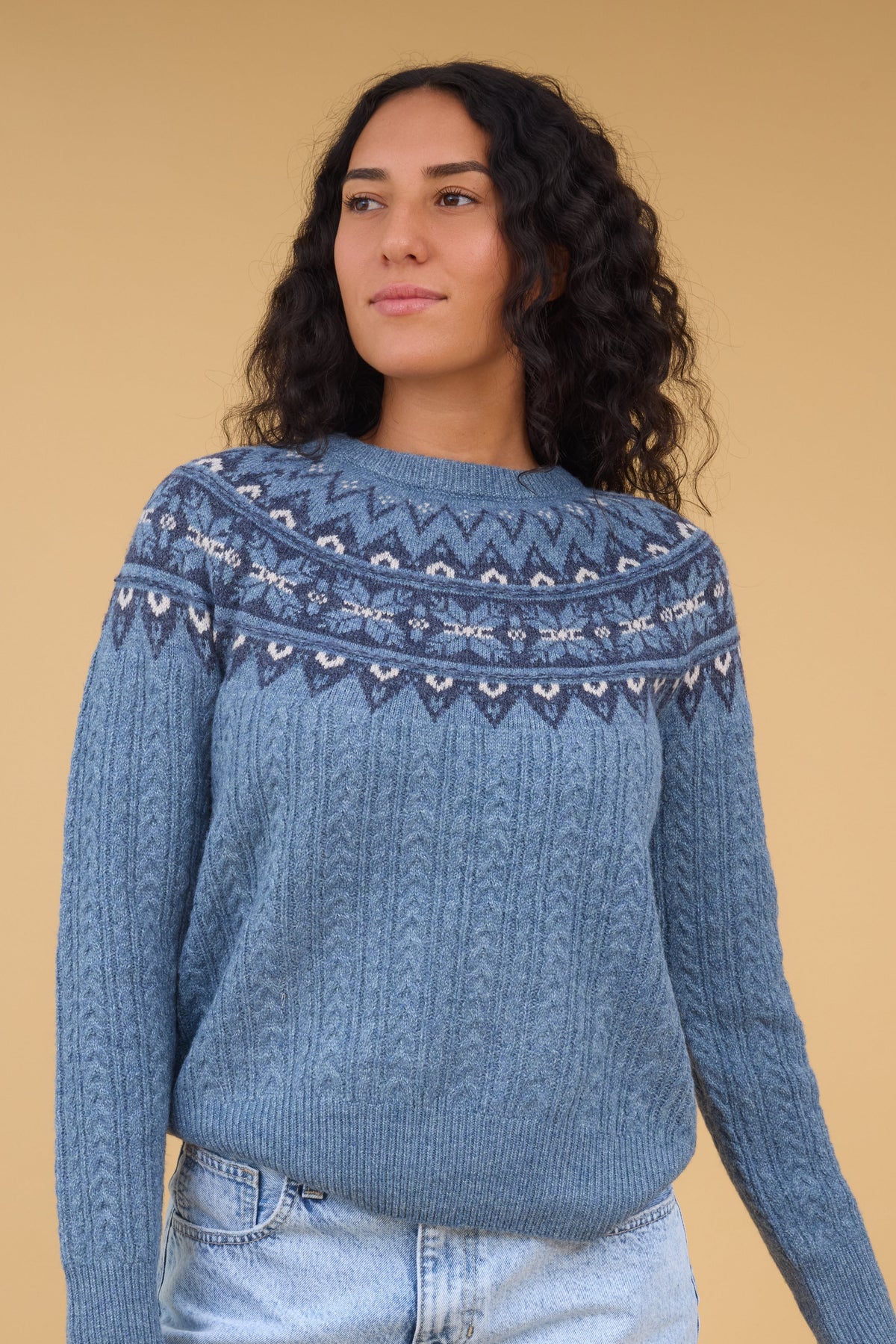 Nordic Print Crewneck Sweater in blue for woman and teen girls.