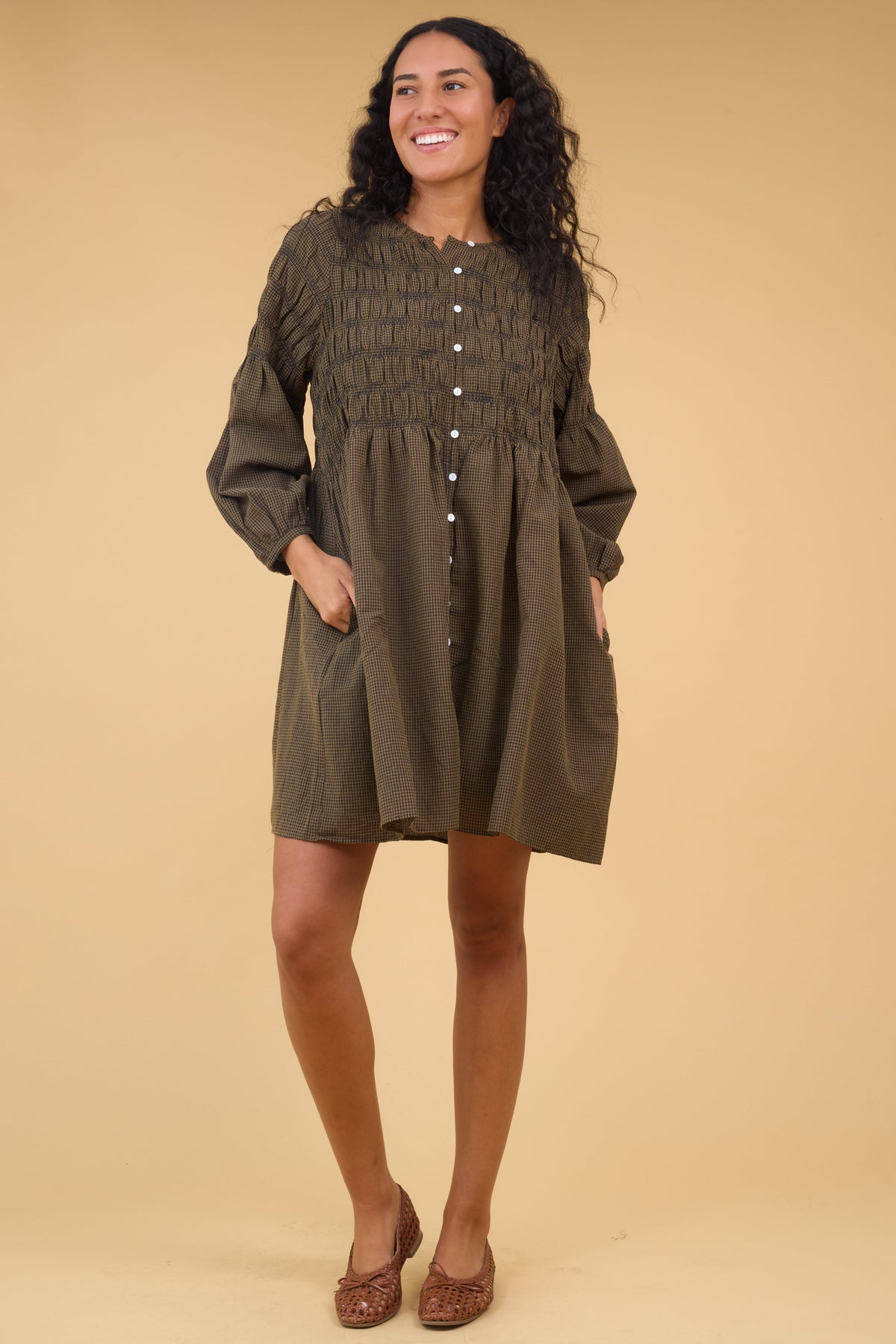 Brass & Roe Mia Smocked Dress in brown & black gingahm for women adn teen girls.