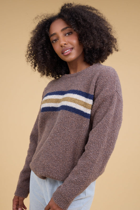 A young woman wearing a  modest brown sweater with a wide, multicolor chest around the chest with long sleeves.