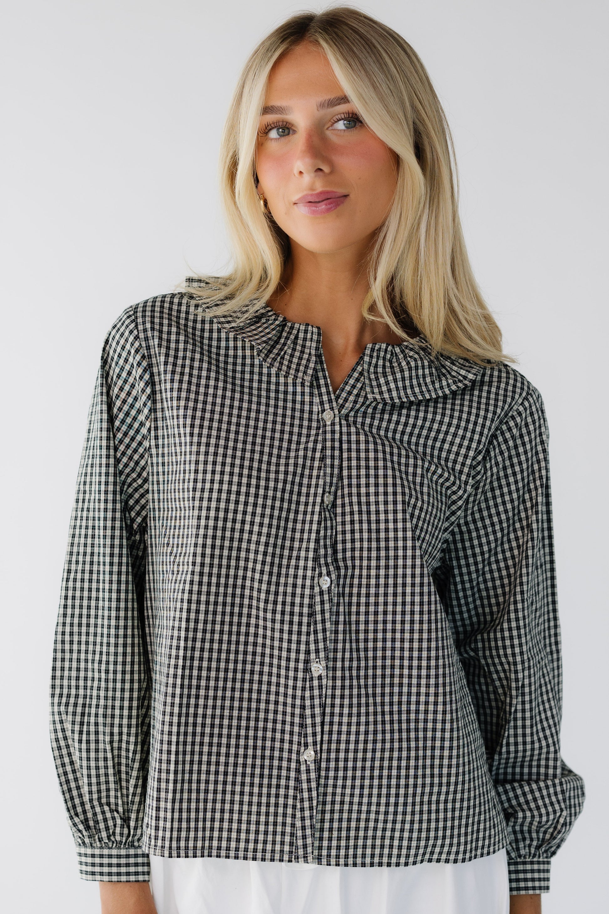 Brass & Roe Vicky Collar Top in black plaid for women and teenage girls.