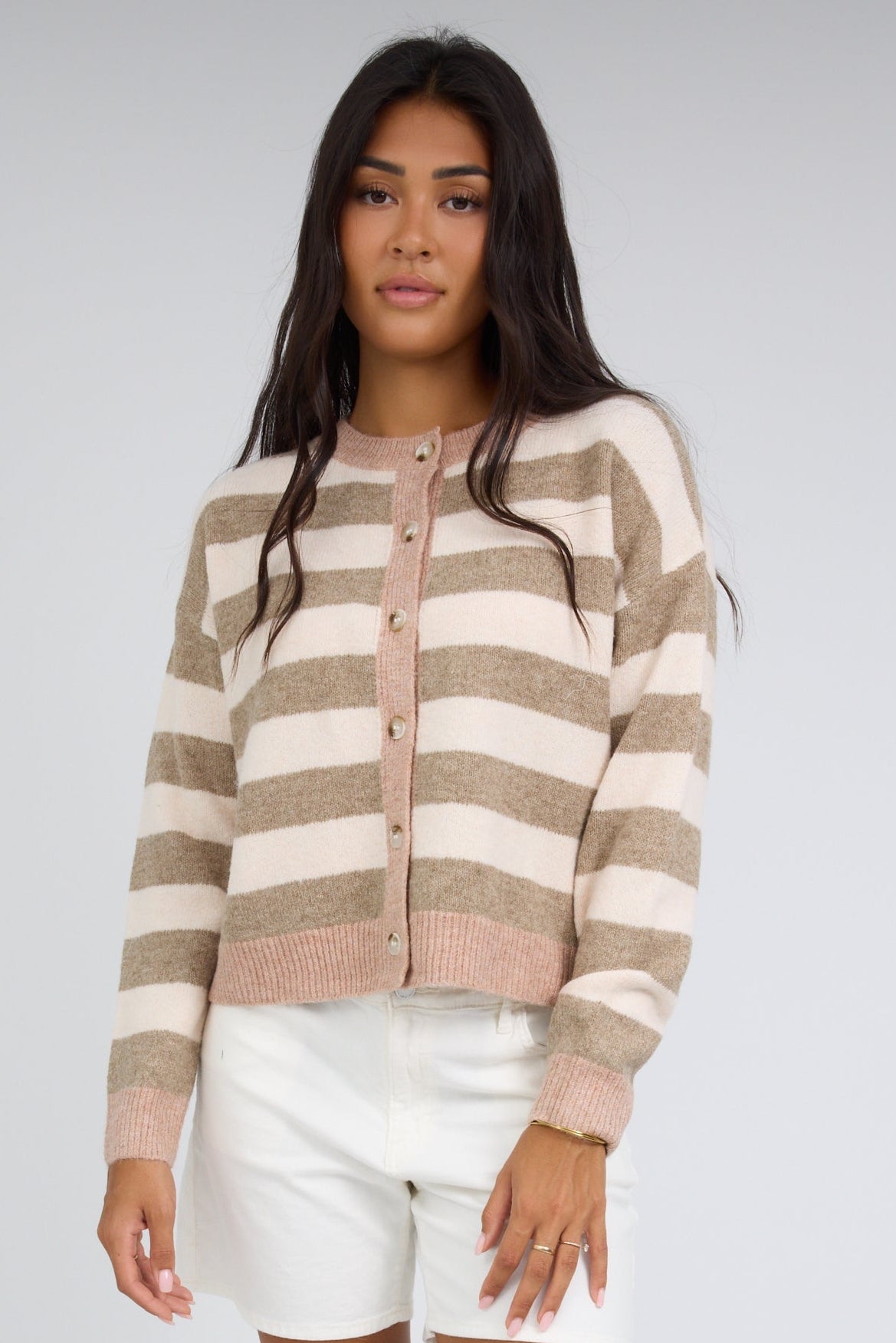 Mocha Stripe Cardigan in mocha & taupe stripe for women and teenage girls.
