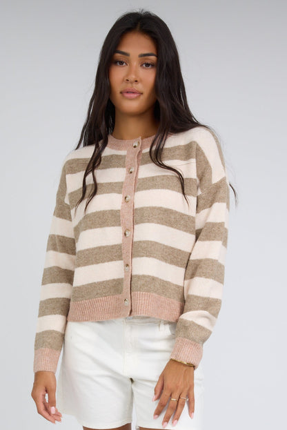 Mocha Stripe Cardigan in mocha & taupe stripe for women and teenage girls.