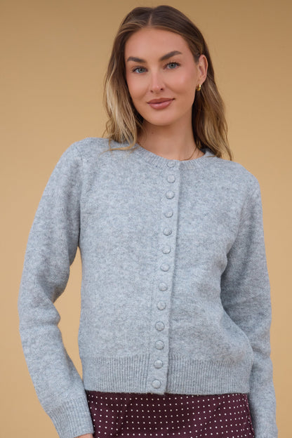 Covered Button Cardigan in light heather grey for women and teen girls.
