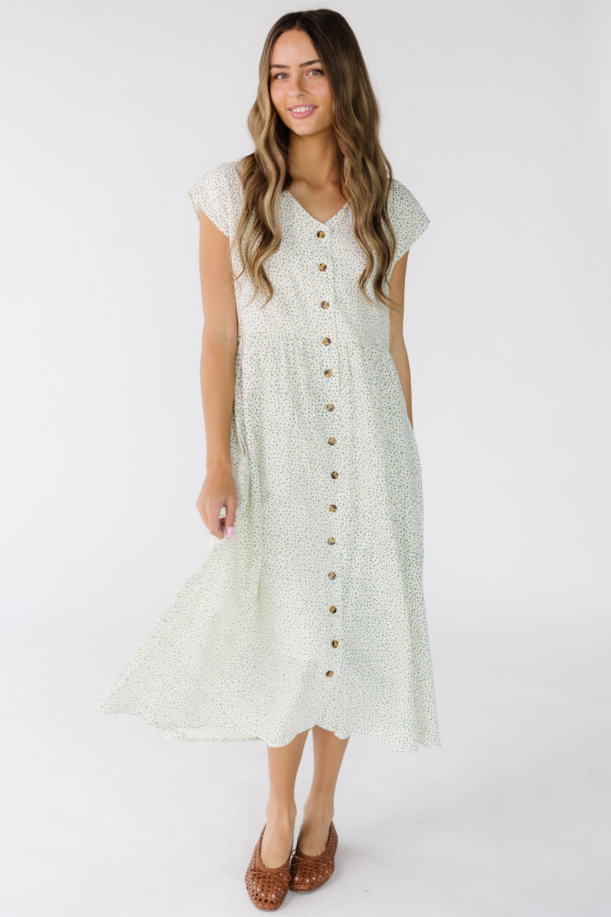 Brass & Roe Desiree Button Down Dress in white floral print for women and teens.