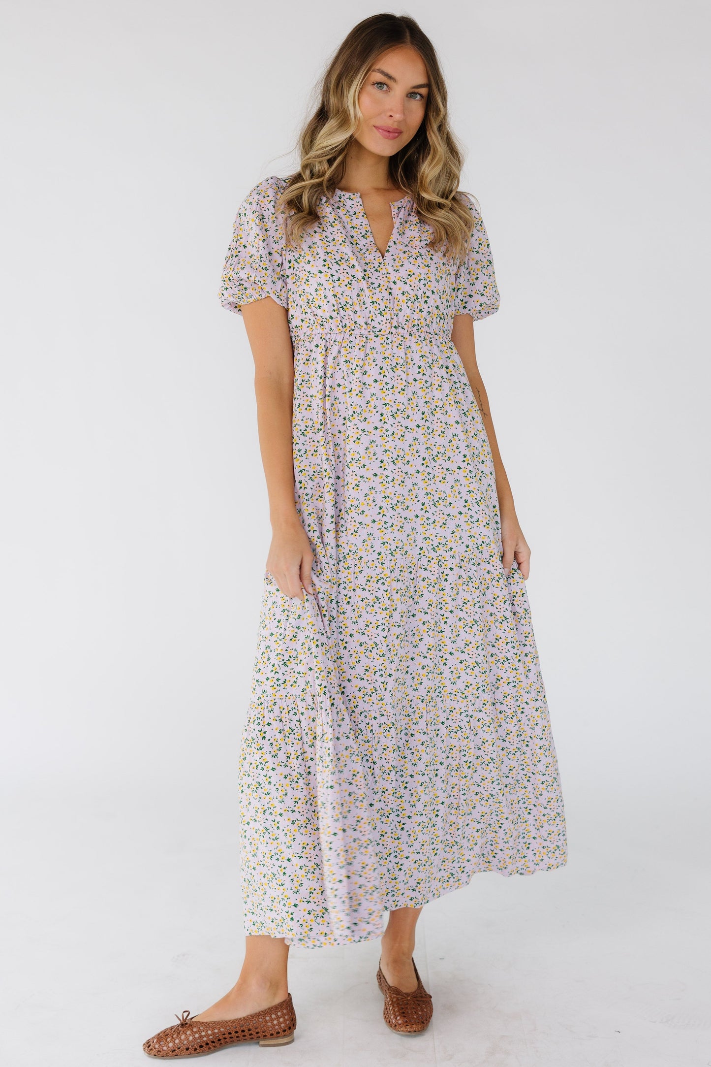 Emilee Print Dress in lavender floral print for women and teen girls.