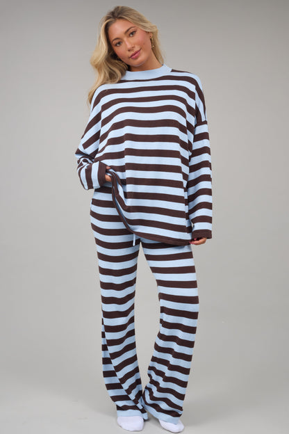 Stripe Knit Mock Neck Top in baby blue-brown stripe for women and teen girls.