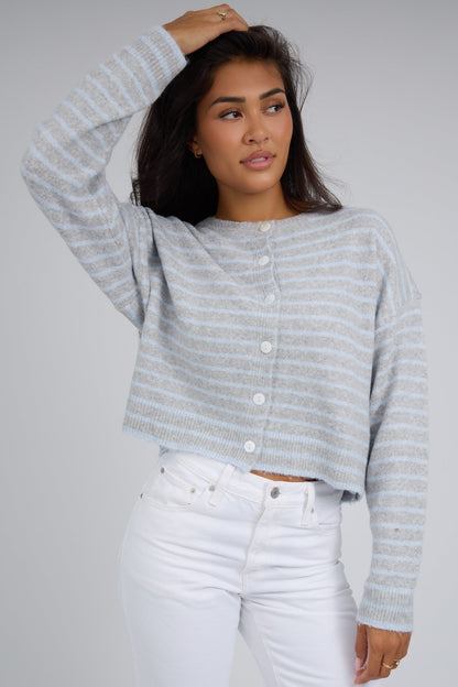 The Foggy Striped Button Up Cardigan in grey & light blue stripe for women and teen girls.