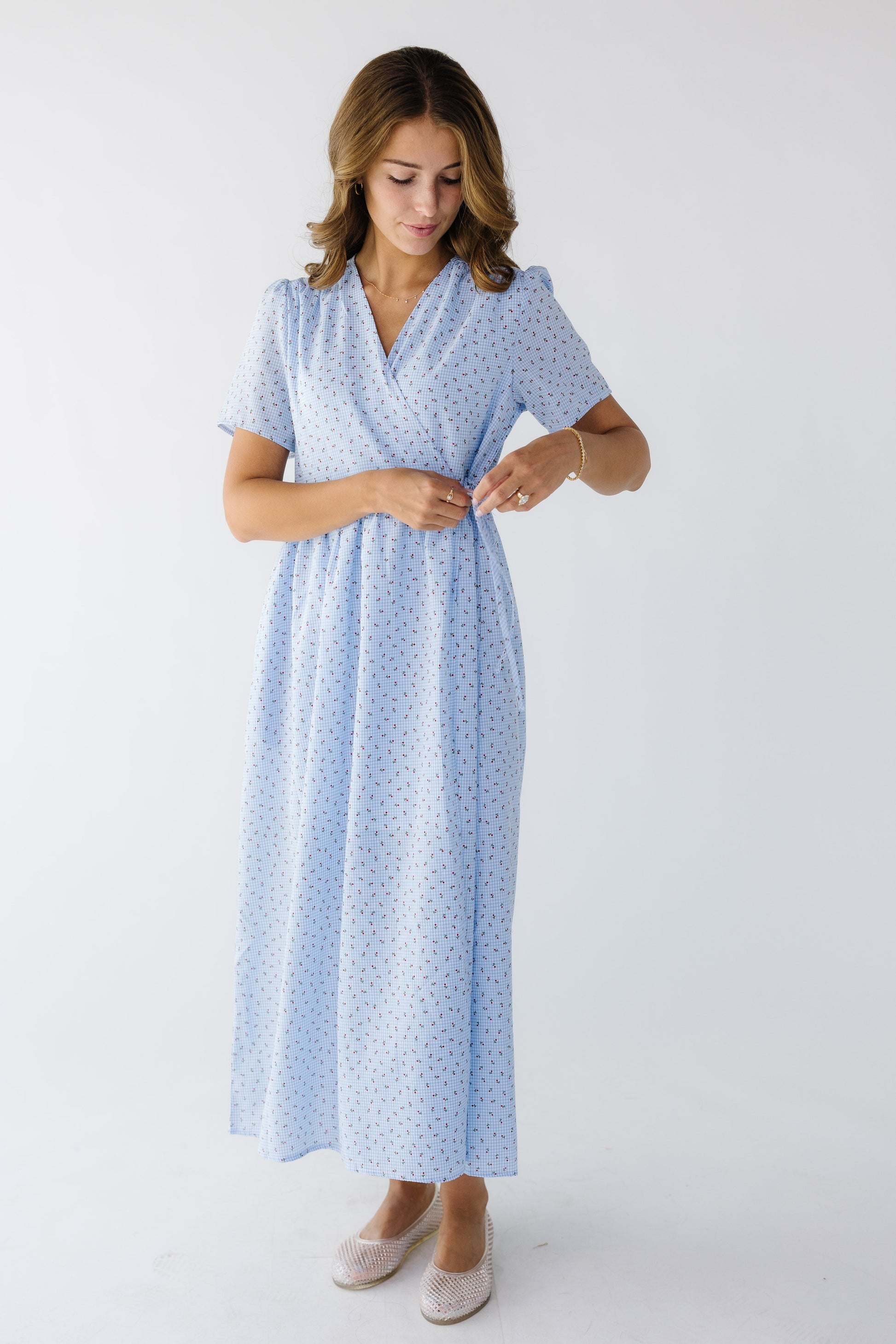 Brass & Roe Lilly Wrap midi Dress in light blue gingham floral print for women and teen girls.