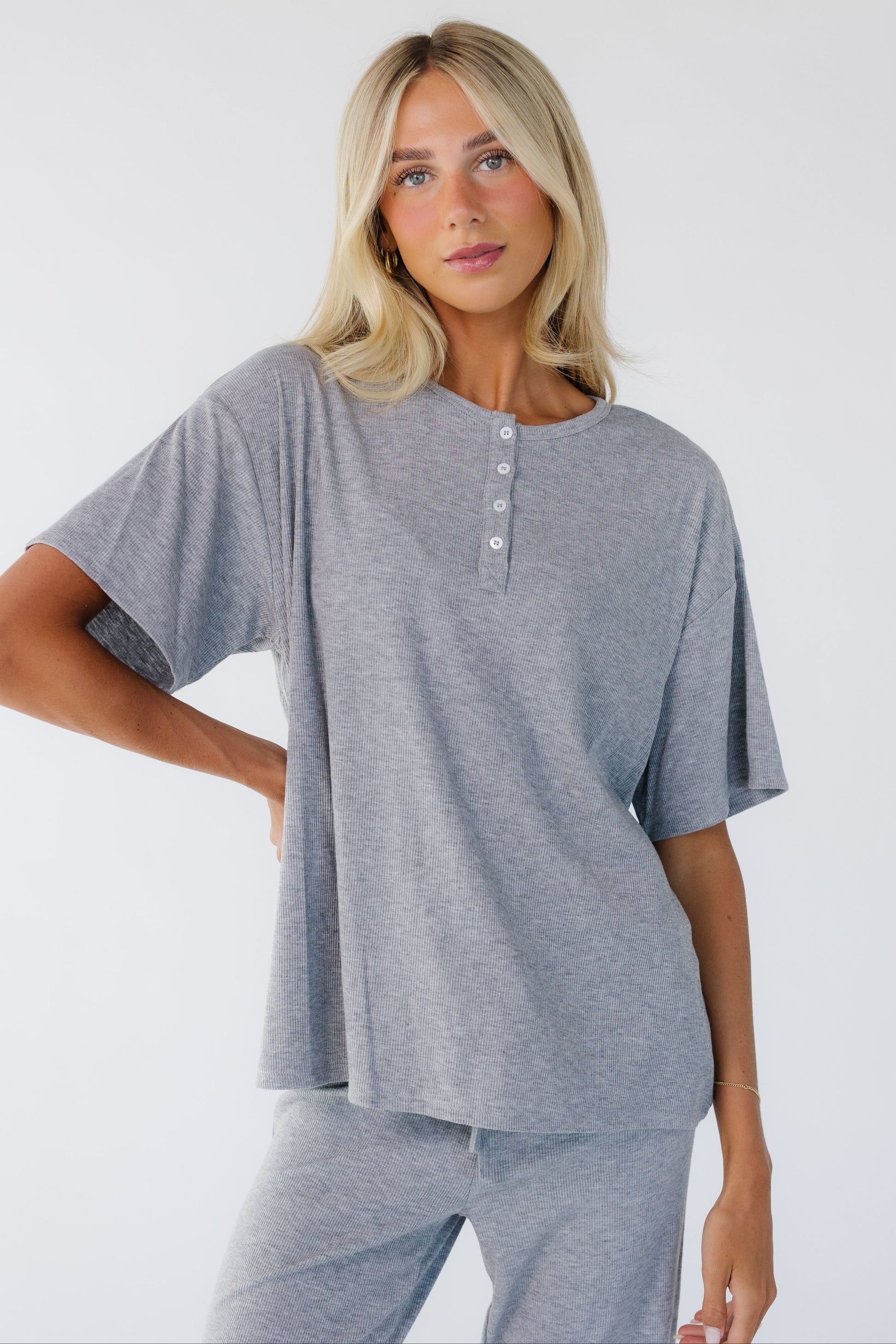The Jess Ribbed Oversized Henley Tee for women and teen girls.
