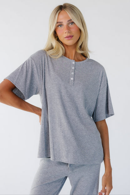 The Jess Ribbed Oversized Henley Tee for women and teen girls.