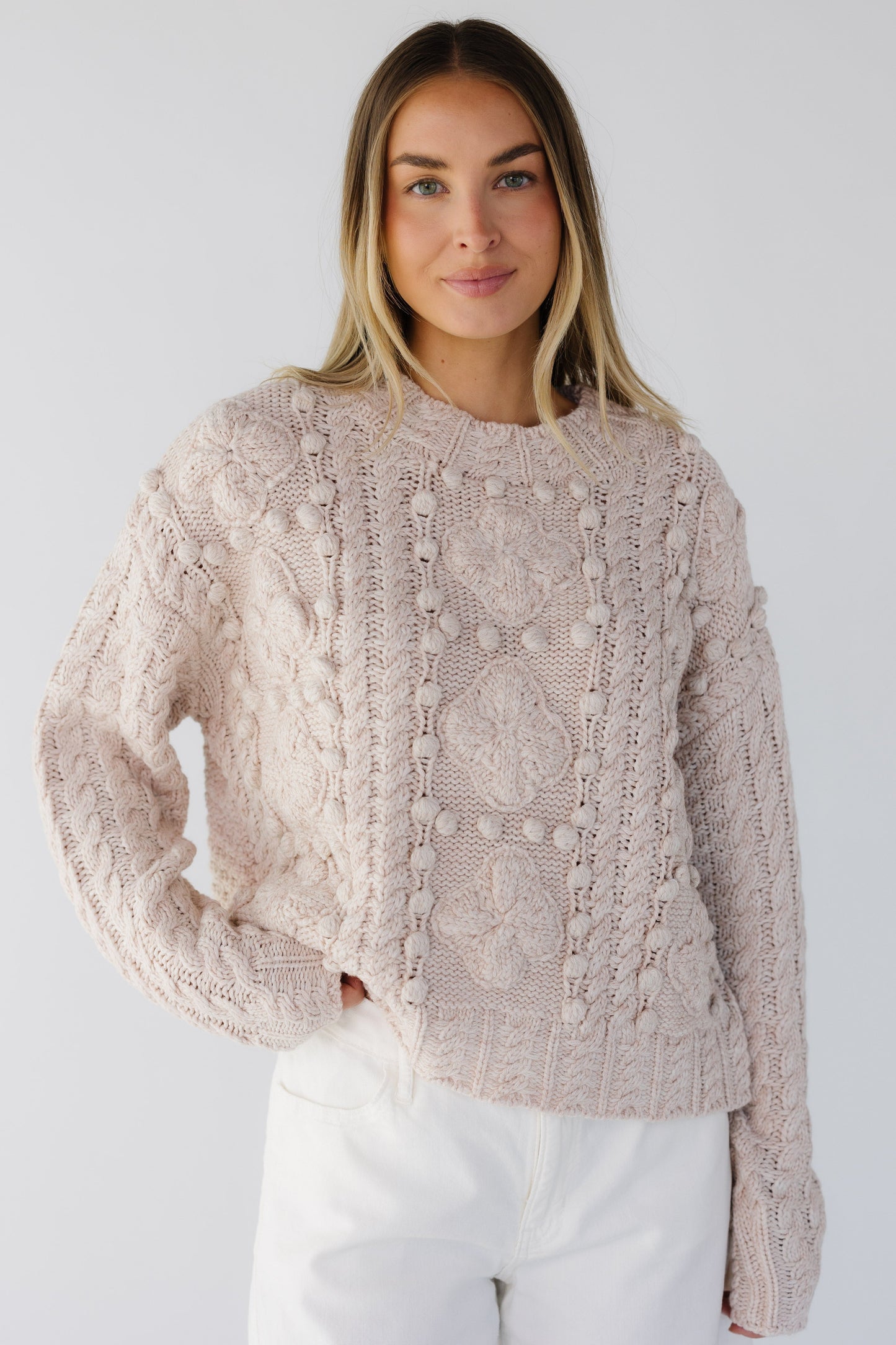 Pom Pom & cable knit sweater in cream for women and teen girls.