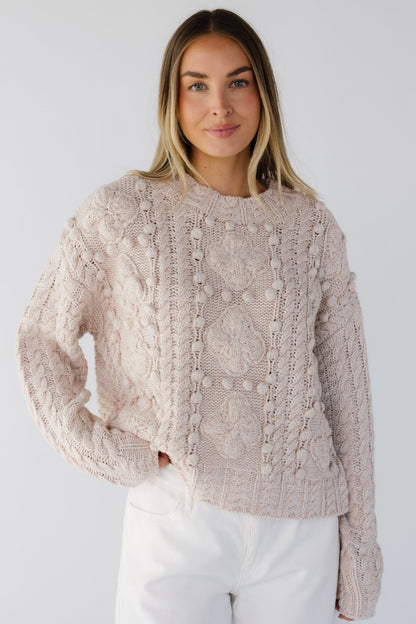 Pom Pom & cable knit sweater in cream for women and teen girls.