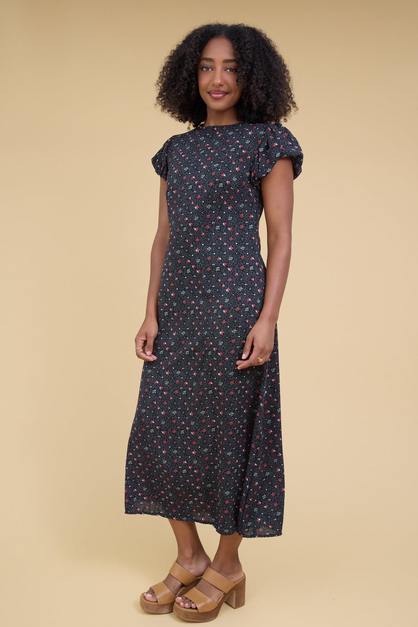 Brass & Roe The Tamara Dress in black floral print for women and teenage girls.