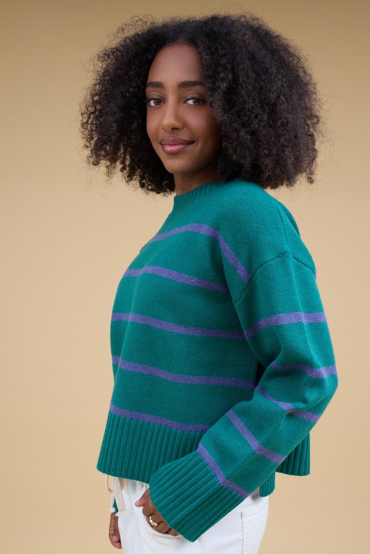 Hazel Striped Crewneck Sweater in green with blue stripes for women & teenage girls.