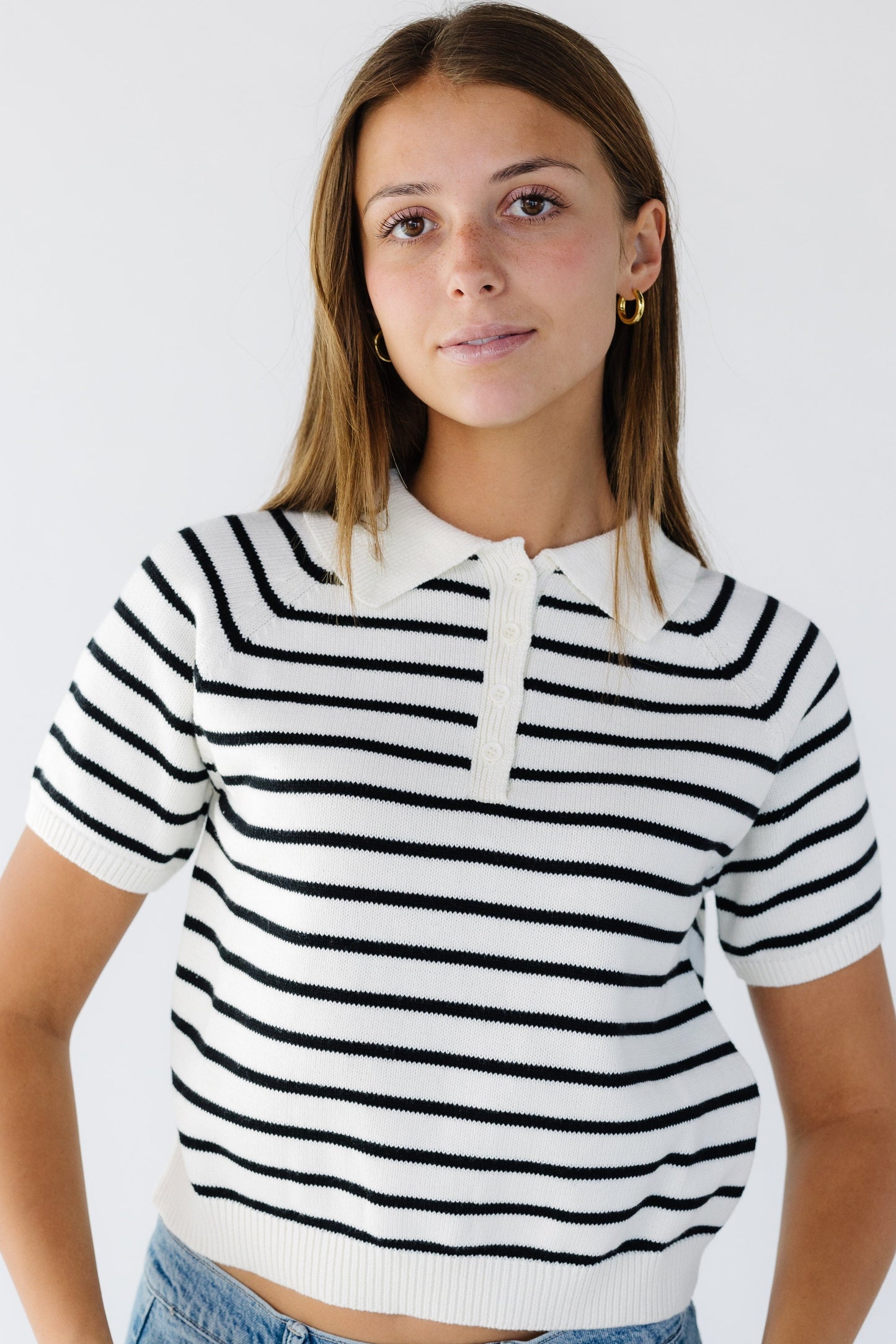 The Hailey Collared Button Short Sleeve Sweater in white with black stripe for women & teenage girls.