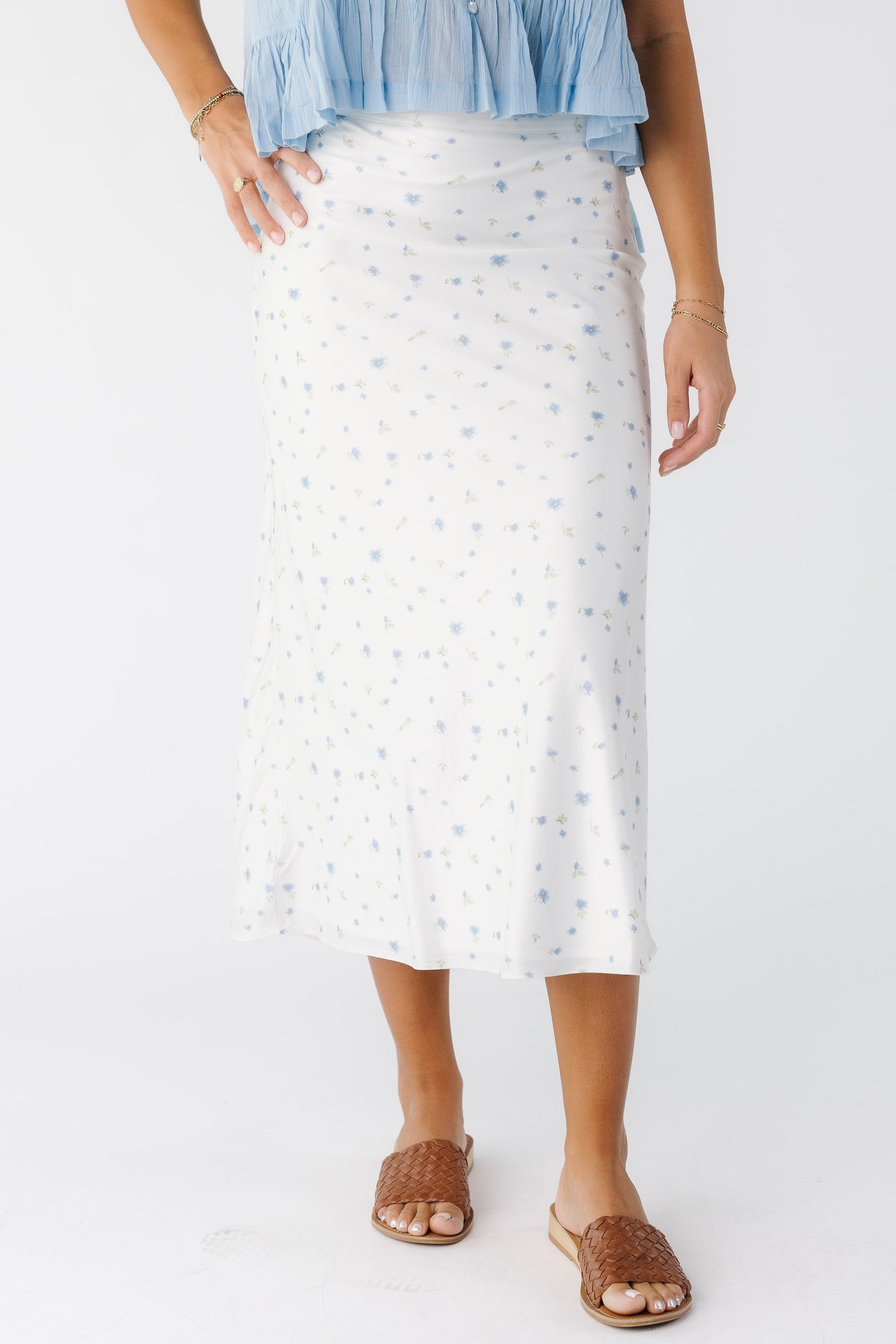 Floral Satin Midi Skirt in off white and blue floral print for women and teens.