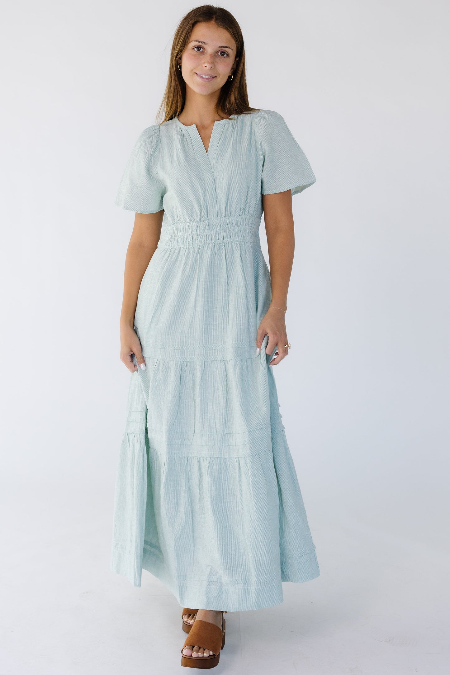 Citrus Shae Stripe Dress in green and white stripe for women and teen girls.