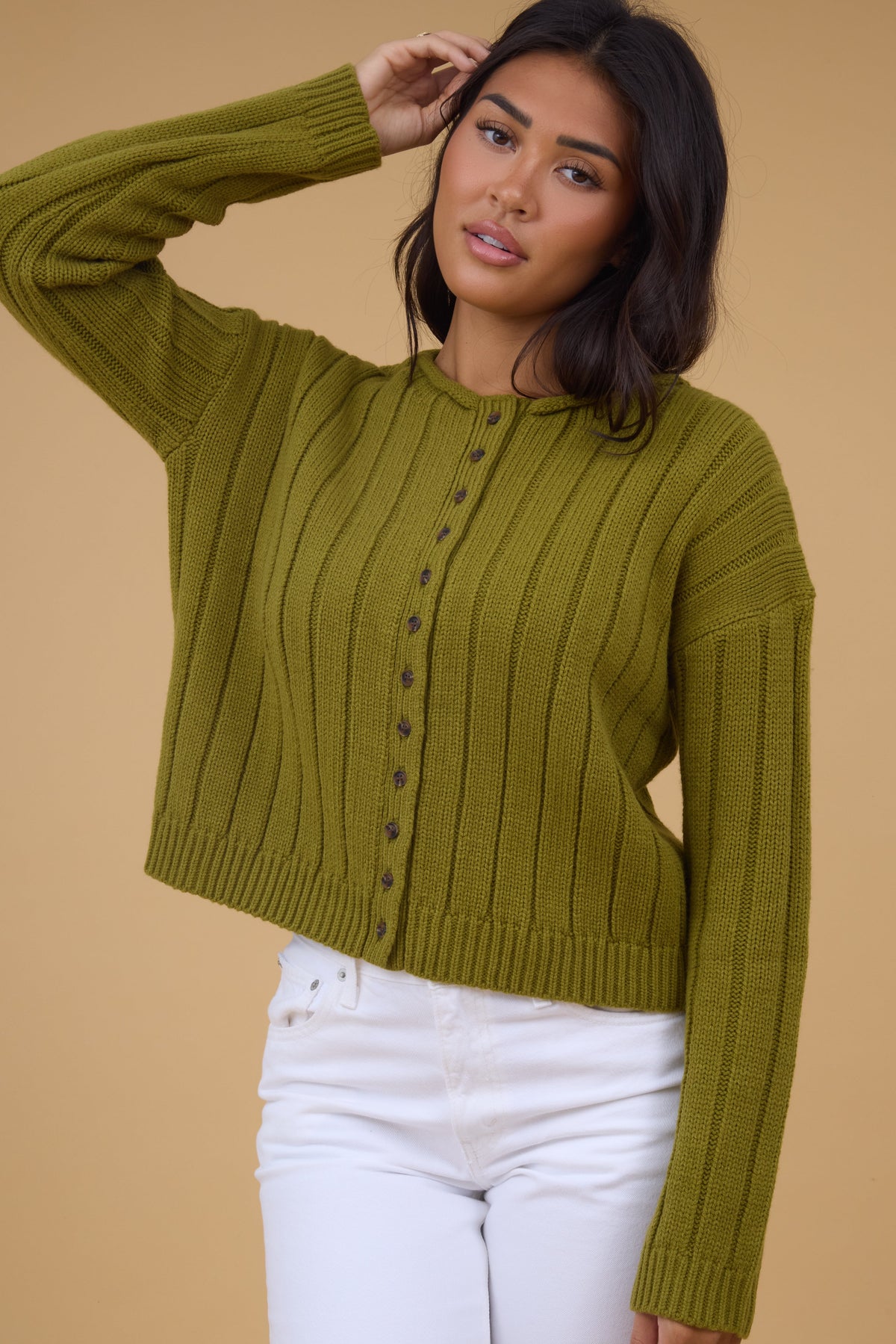 The Callista Button Down Sweater in olive for women and teens.