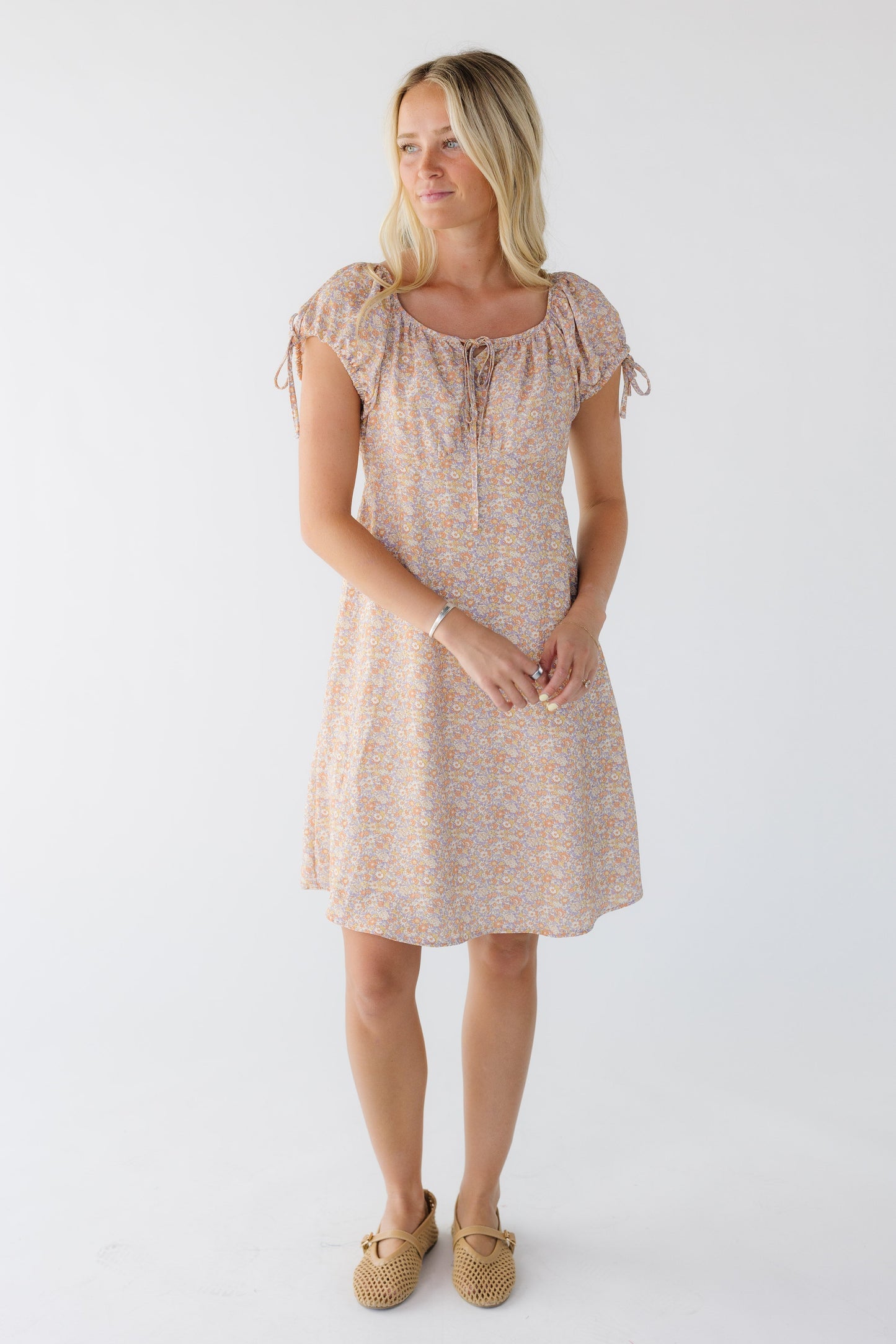 Brass & Roe Alani Knee Dress in pink multi floral print for women and teenage girls.