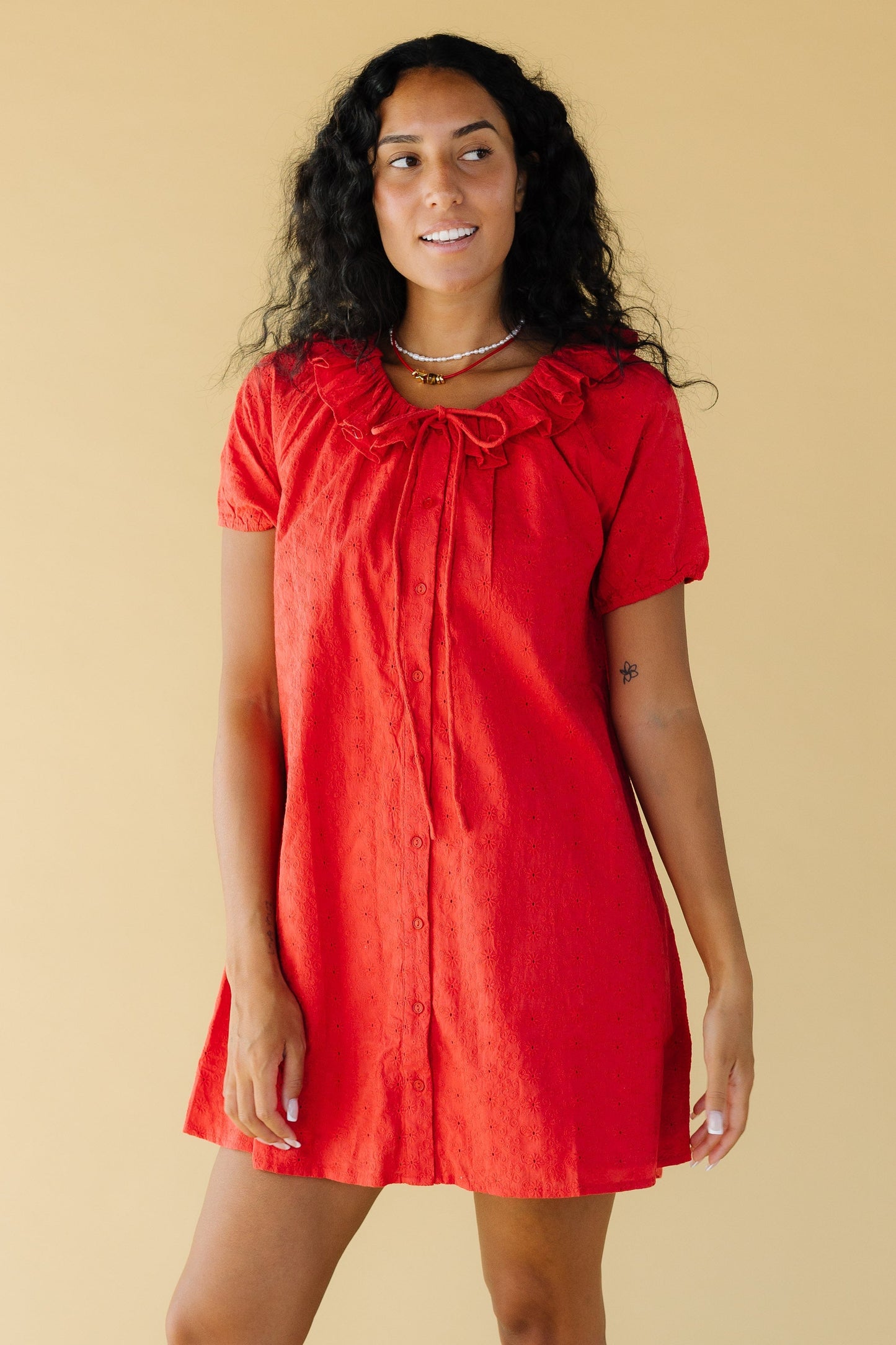 Citrus Eyelet Bow Dress in red eyelet for women and teenage girls.