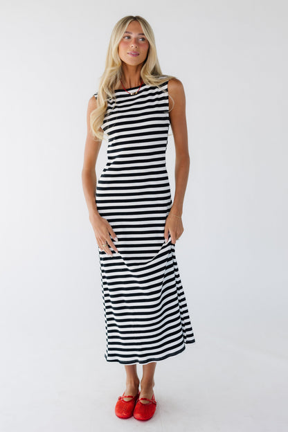 Brass & Roe Lizzy Stripe Dress in black & white stripe for women and teen girls.