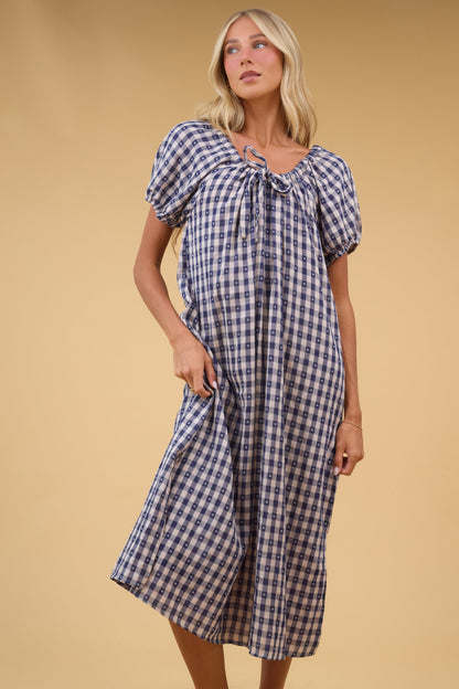 Brass & Roe Gingham Bow Maxi Dress in navy for women and teen girls.