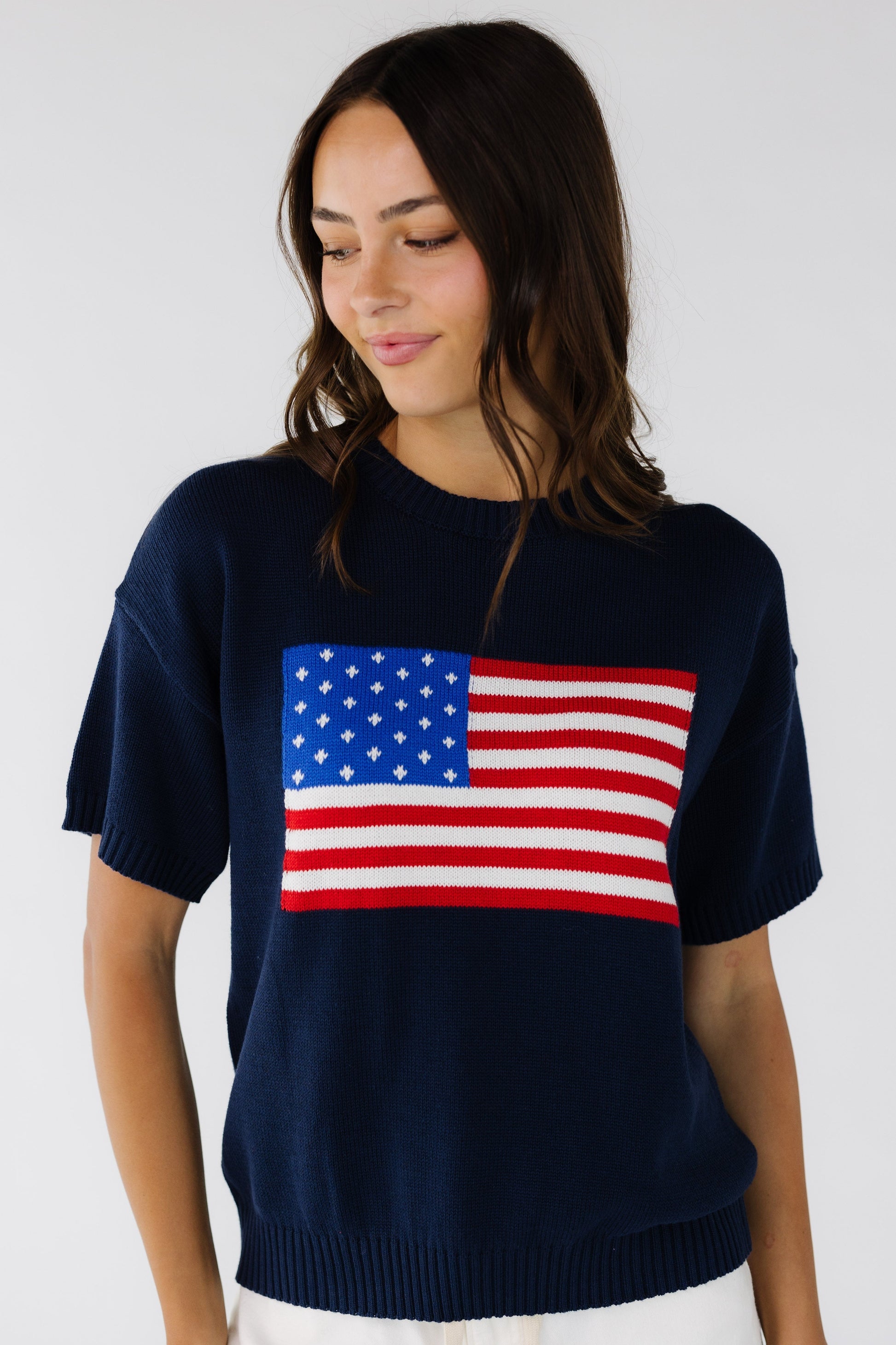 Flag Lite Knit Top in navy for women and teenage girls.
