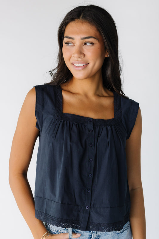 Eyelet Trim Detailed Sleeveless Top in navy for women and teens.