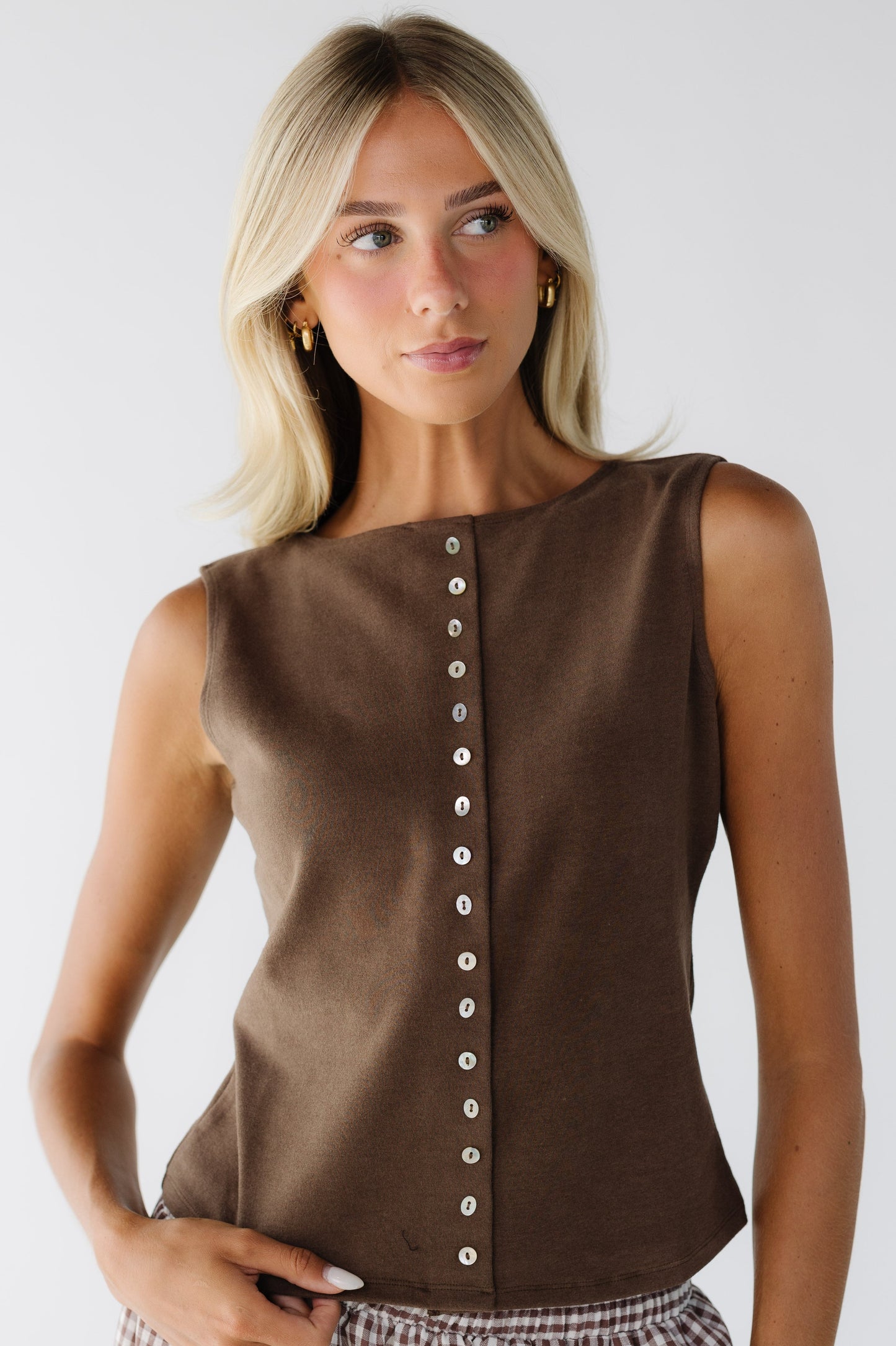 Desiree Tank in brown sleeveless button down top for women and teen girls.