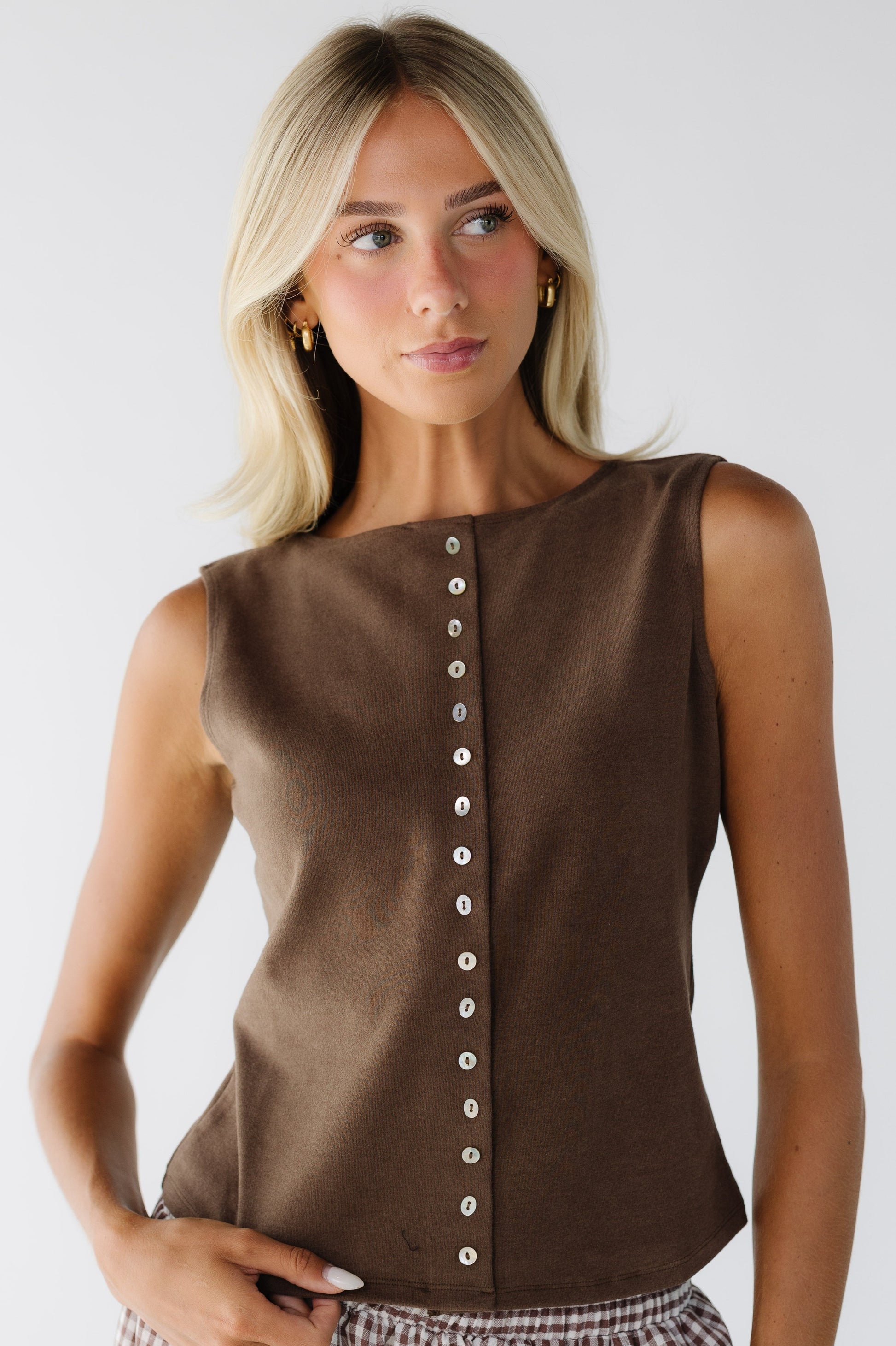 Desiree Tank in brown sleeveless button down top for women and teen girls.