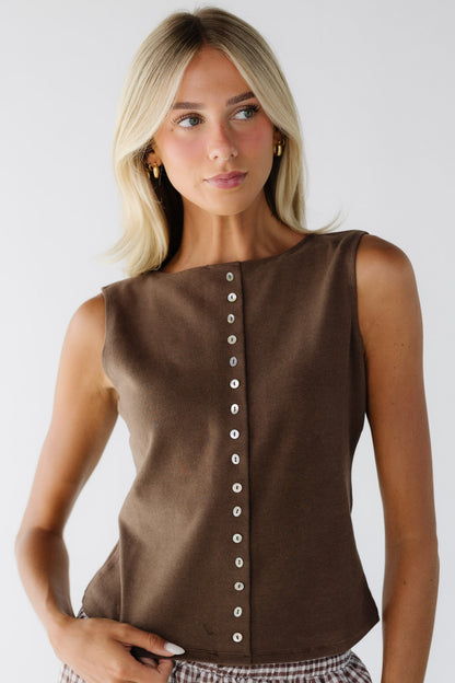 Desiree Tank in brown sleeveless button down top for women and teen girls.